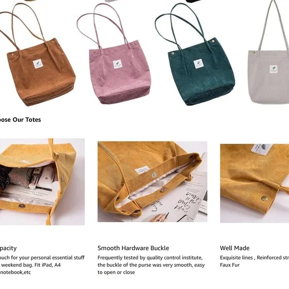 Lightweight Creamy Gold & Pink Floral Corduroy Tote Bag - Picture 9 of 10